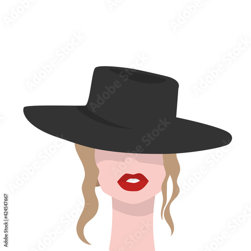 Portrait of woman in hat on white background. The face of beautiful girl with red lips.