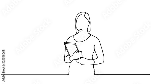 One single line drawing of young female bisinesswoman holding the file. business woman concept continuous line draw design illustration. Business woman with folder wearing a suit one line design.