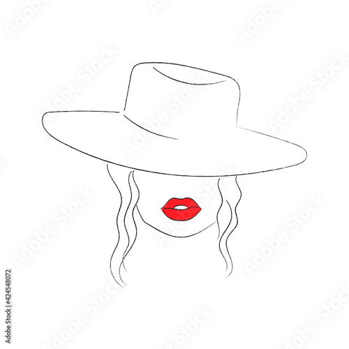 Woman in hat on white background. Line drawn face of girl with red lips. 