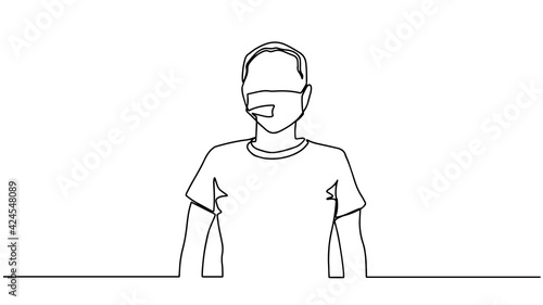 Woman wearing medical masks to prevent disease, flu, air pollution, contaminated air, world pollution one line drawing. Protection from coronavirus, COVID-19. Against COVID-19. Vector illustration.