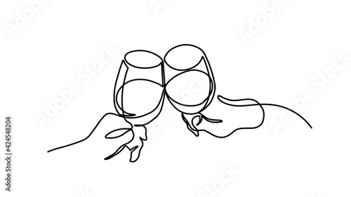 Continuous one line drawing. Hands cheering with glasses of wine. Vector illustration. Continuous one line drawing of cheers of wine glass. Hands cheering with glasses of champagne. Vector simplicity