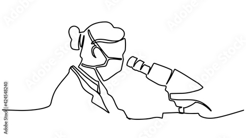 One continuous line drawing of female scientist researching antibiotic formula using microscope to find covid vaccine. Coronavirus medical research concept single line draw design vector illustration.