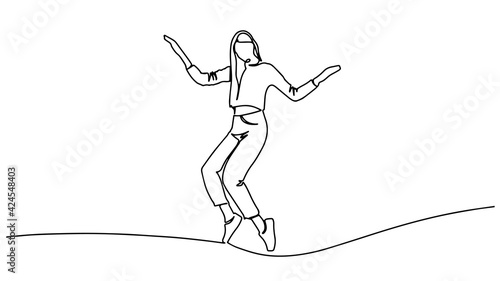 Continuous line drawing of happy jumping woman athlete. Happy jumping woman. Continuous one line drawing. Vector illustration. Continuous line drawing of jumping girl. A woman jump looks happy,