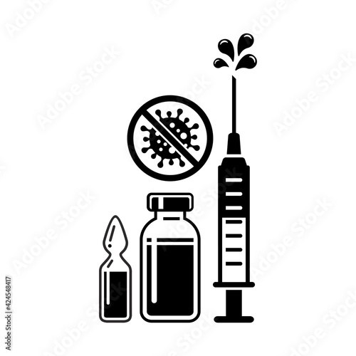 COVID-19 global vaccination concept. Medical syringe with needle, Vial and bottle with the drug, Stop coronavirus warning sign. Vector on transparent background