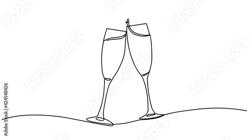 Continuous one line drawing isolated on white background. Vector outline contour glasses of champagne sketch. Two glasses of wine continuous one line drawing. Minimalist line art of cheering glasses.