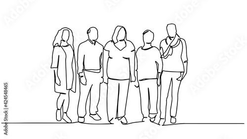 Group of people continuous one line vector drawing. Family, friends hand drawn characters. Crowd standing at concert, meeting. Women and men waiting in queue. Minimalistic contour illustration.