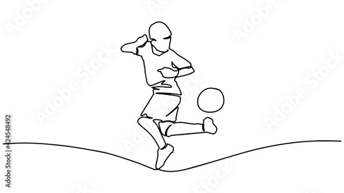 A kid playing football one continuous line drawing vector illustration isolated on white background. Minimalist design concept. One continuous single drawing line art doodle boy, ball, soccer, sport.