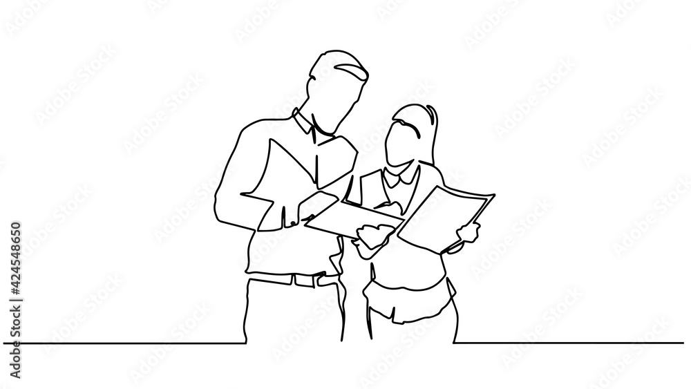 Continuous line drawing of woman and man standing talking about work. Single continuous line drawing of two woman startup founders have a business talk. Business chat concept one line draw design.