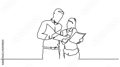 Continuous line drawing of woman and man standing talking about work. Single continuous line drawing of two woman startup founders have a business talk. Business chat concept one line draw design.