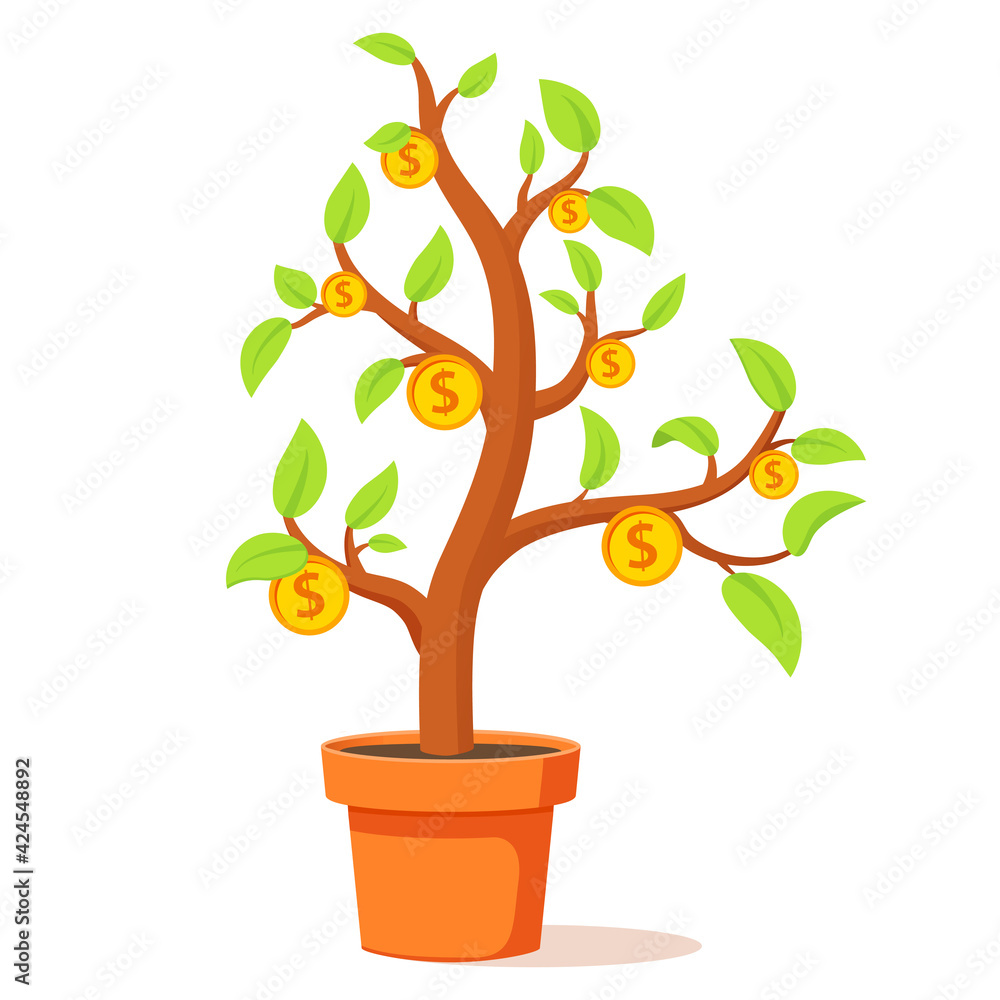 Obraz premium Growing money tree.Financial growth concept.Tree in flower pot.Plant with gold coins.Cash dividends.Profit growth up.Isolated on white background.Vector flat illustration.