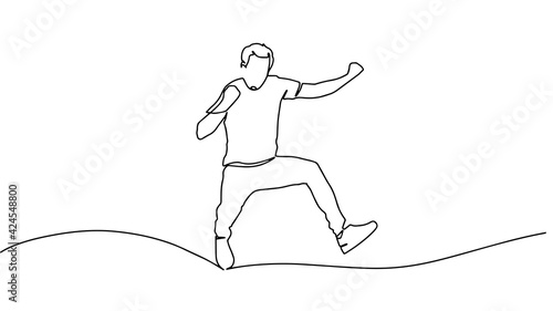 Continuous line, drawing of Office worker jumping happy. Continuous line drawing of expressive happy jumping man showing victory sign. Continuous one line drawing of jumping happy man.