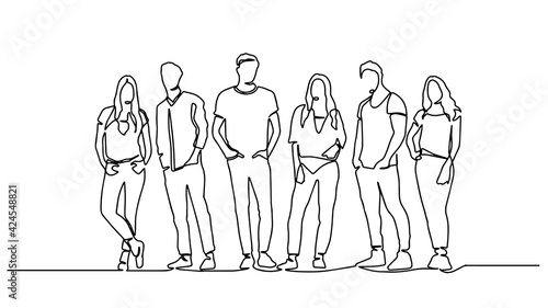 continuous line drawing of diverse group of standing people. Group of people continuous one line vector drawing. Family, friends hand drawn characters. Crowd standing at concert, meeting.