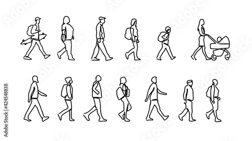 Set of one line drawing people walking. Set of diversity of people. Young, old, mom, children, man. woman walking. Continuous line drawing of different people.