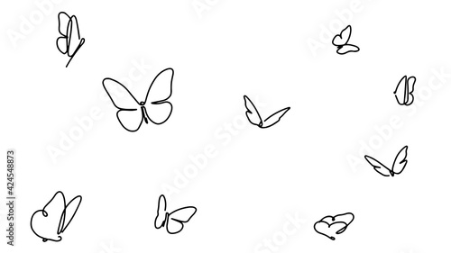 Butterfly continuous line drawing elements set isolated on white background for logo or decorative element. Vector illustration of various insect forms in trendy outline style.