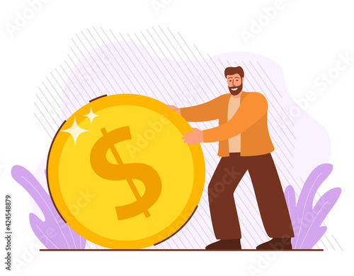 Man rolling coin. Guy pushing golden dollar. Investment concept.Invests in business.Cash dividends.Financial earning revenue.Stock investing.