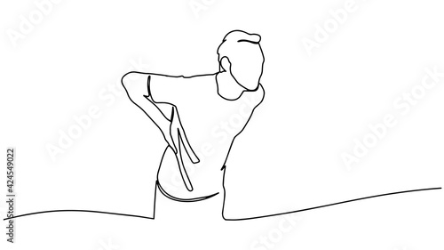 Continuous line drawing of man suffering from back pain. Healthcare and problem concept of man suffering from pain in back. One line illustration of pain in the back.