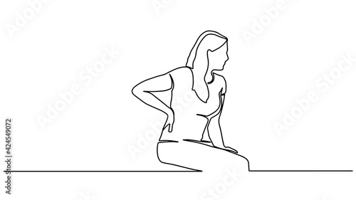 Continuous line drawing of woman suffering from back pain. Healthcare and problem concept of woman suffering from pain in back. One line illustration of pain in the back.