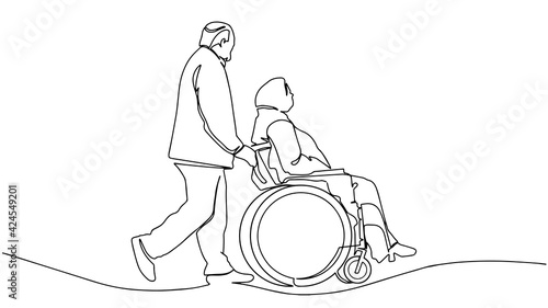 Continuous one line drawing of a young man pushing wheelchair with disabled old woman. Helping elderly, disable people and sick people. Humanity concept minimalist style. Vector illustration