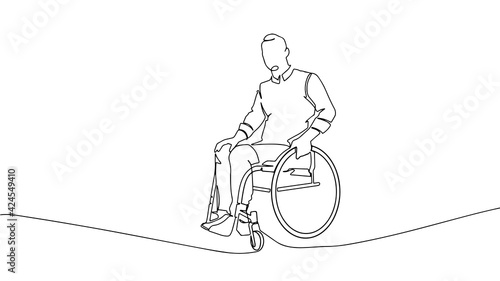 One line drawing of a old patient with wheelchair in hospital - continuous line drawing vector. continuous single drawn one line woman on an wheelchair drawn by hand picture silhouette.