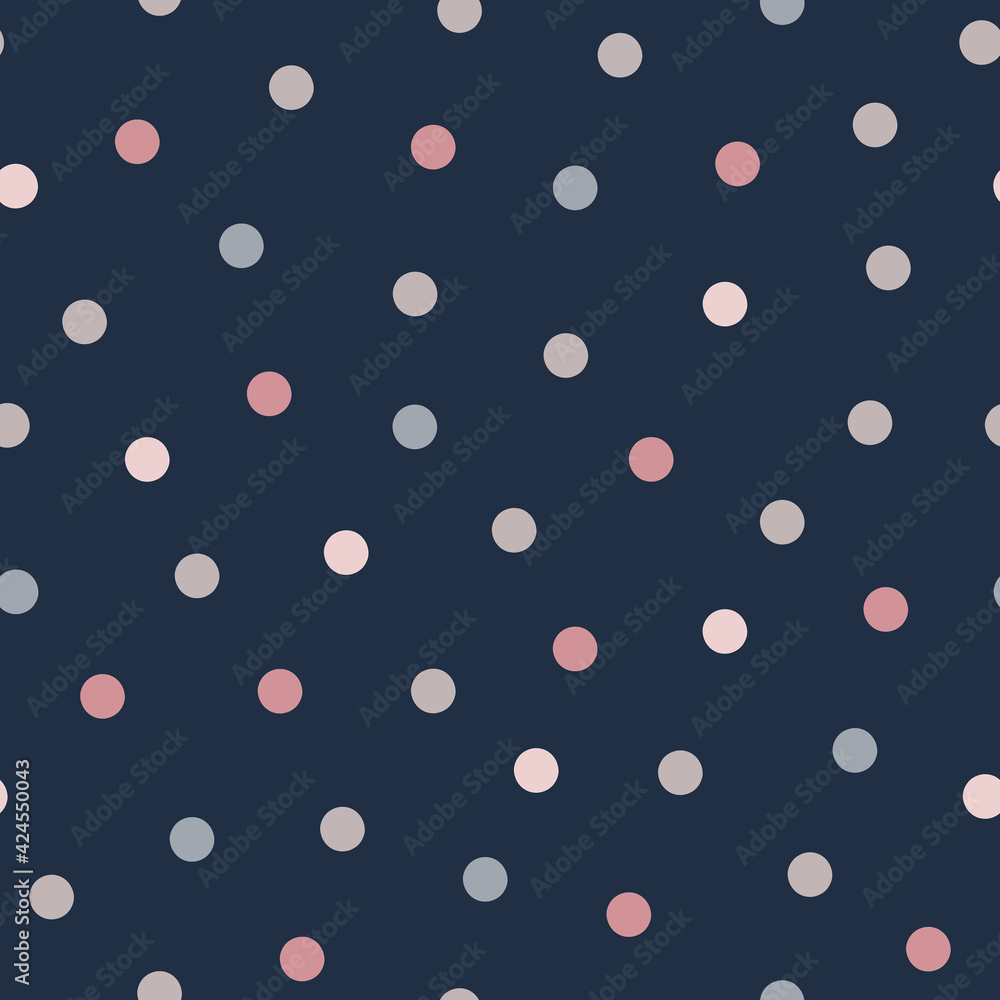 Polka dot seamless vector pattern. Pink, grey and beige dots, spots, confetti on navy blue background for cute holiday design, kid and fashion textile, package, scrapbooking, wrapping paper, card Polka dot seamless vector pattern. Pink, grey and beige dots, spots, confetti on navy blue background for cute holiday design, kid and fashion textile, package, scrapbooking, wrapping paper, card