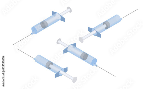 Medical syringe closeup isolated on white background isometric vector. Medical disposable syringe with needle. Illustration of medical syringes with needles in flat isometric style