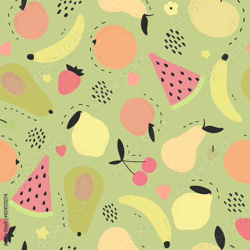 Cute hand drawn fruits seamless pattern on green backround. Summer bright color texture. Pear, avocado, watermelon, lemon, banana, peach, orange, apple. Vector illustration