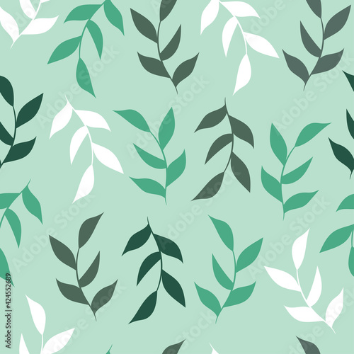 Seamless pattern with dark and light green and white branch