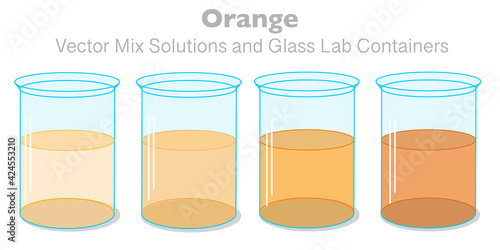 Orange solution stages. Light yellow to dark orange color fluid gradual transition in flask. Liquid in the glass lab beaker, container. beer, whiskey, urine test. Transparency shiny glassware. Vector