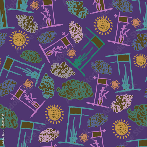 Seamless vector colorful pattern lined sketch of abstract plants, clouds and suns