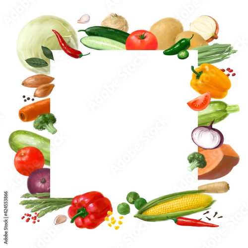 Nutrition concept for Vegan food. Healthy products. Assortment of healthy nutrition. Decorative square frame. Template for design.