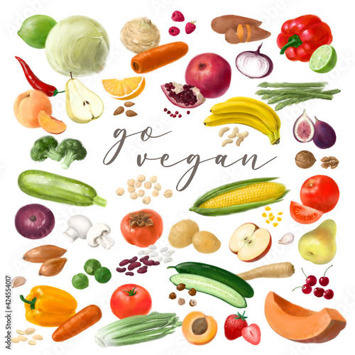 Nutrition concept for Vegan food. Healthy products. Assortment of healthy nutrition. Hand drawn illustration.