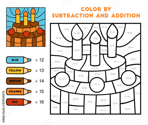 Color by addition and subtraction, education game for kids, Birthday cake