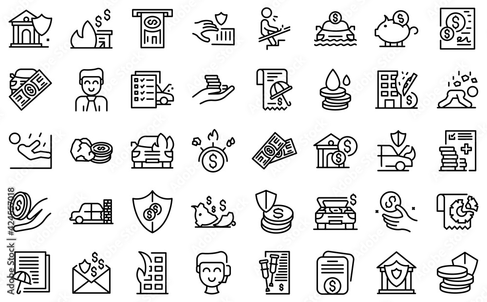 Compensation icons set. Outline set of compensation vector icons for web design isolated on white background Compensation icons set. Outline set of compensation vector icons for web design isolated on white background