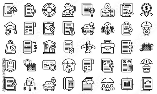 Liability icons set. Outline set of liability vector icons for web design isolated on white background