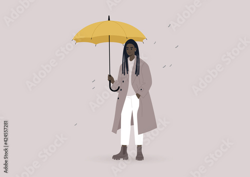 A young female Black character wearing an oversize coat and holding a yellow umbrella, a rainy weather concept