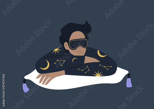 A young male character wearing a silk pyjamas and a sleep mask, modern fancy lifestyle