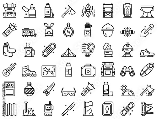 Equipment for hike icons set. Outline set of equipment for hike vector icons for web design isolated on white background