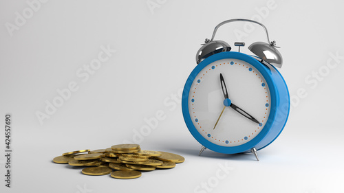 Alarm clock and coins. Gold coins lie on the surface. 3D render.