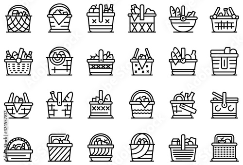 Picnic basket icons set. Outline set of picnic basket vector icons for web design isolated on white background
