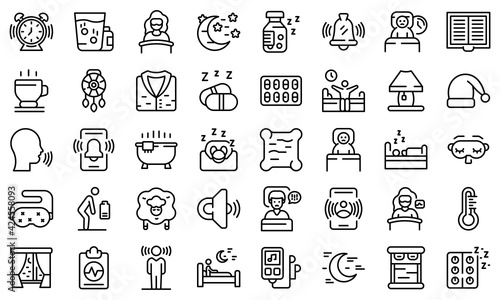 Sleep problems icons set. Outline set of sleep problems vector icons for web design isolated on white background