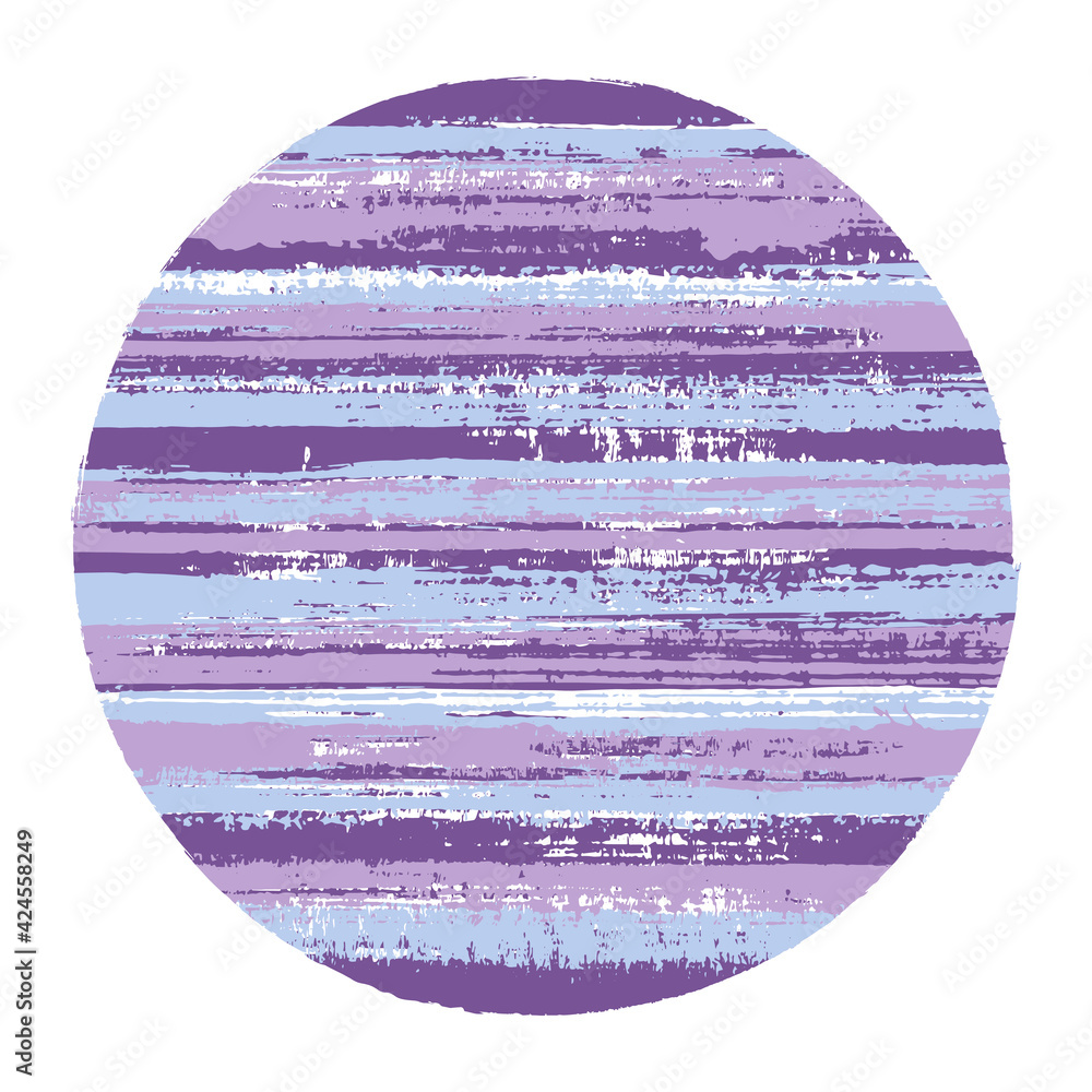 Rough circle vector geometric shape with striped texture of ink horizontal lines. Old paint texture disk. Badge round shape logotype circle with grunge background of stripes.