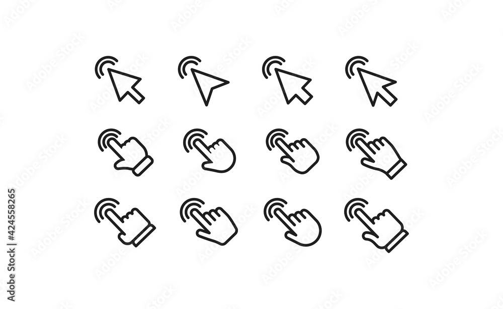 Arrow and hands click icons. Pointer vectors clicking. Arrow and hands click icons. Pointer vectors clicking.