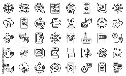 Messaging network icons set. Outline set of messaging network vector icons for web design isolated on white background