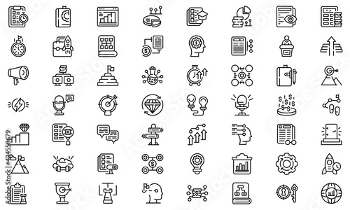 Realization icons set. Outline set of realization vector icons for web design isolated on white background