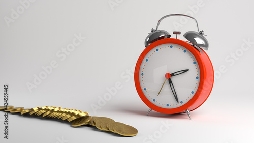 Alarm clock and coins. Gold coins lie on the surface. 3D render.