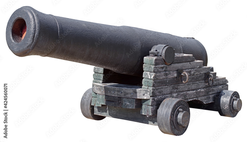 Old ship cannon on white background