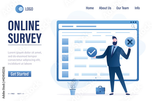 Online survey landing page template. Businessman thinks over the answers in questionnaire. Web page with internet survey.