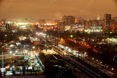 Trains and the Moscow skyline. Moscow  Russia. Desember 23 2020  Trains and the Moscow skyline. Ostankino railway platform.