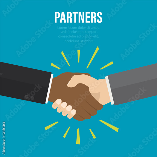 Handshake, successful deal, agreement. Cartoon multi-ethnic businessmen hands. Business partners, teamwork. Partnership and cooperation concept.