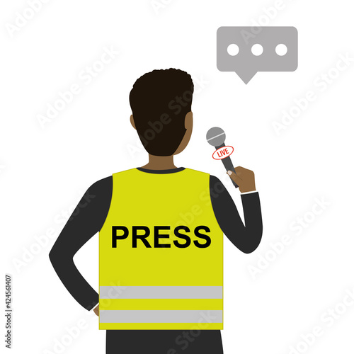 Reporter wearing  yellow vest. Text on back- press. African american or latin man back view. Cartoon correspondent holds microphone.